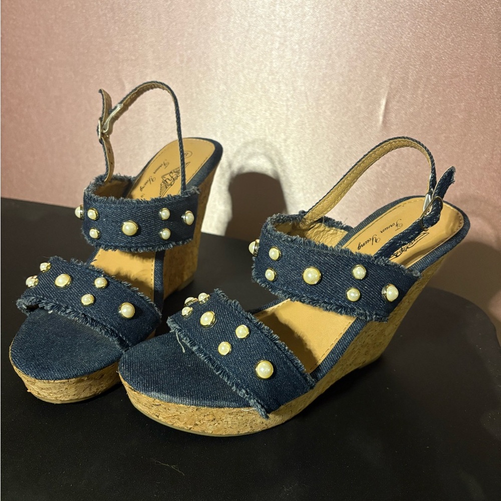 Forever Young Denim Wedges with Pearls | Women’s Size 8 | 4.5” Heel